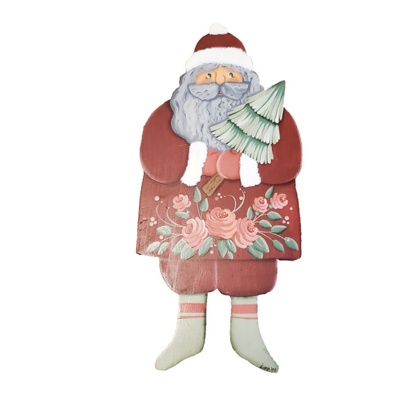Vintage Handmade Hand Painted Wooden Santa Home Decor Adult 15" Signed 93 Floral - Picture 1 of 6